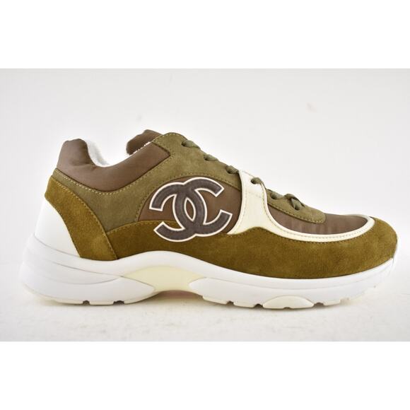 Chanel 20C Mens Brown Green White CC Logo Low Top Runner Trainer Sneaker 44 11 - Picture 2 of 12
